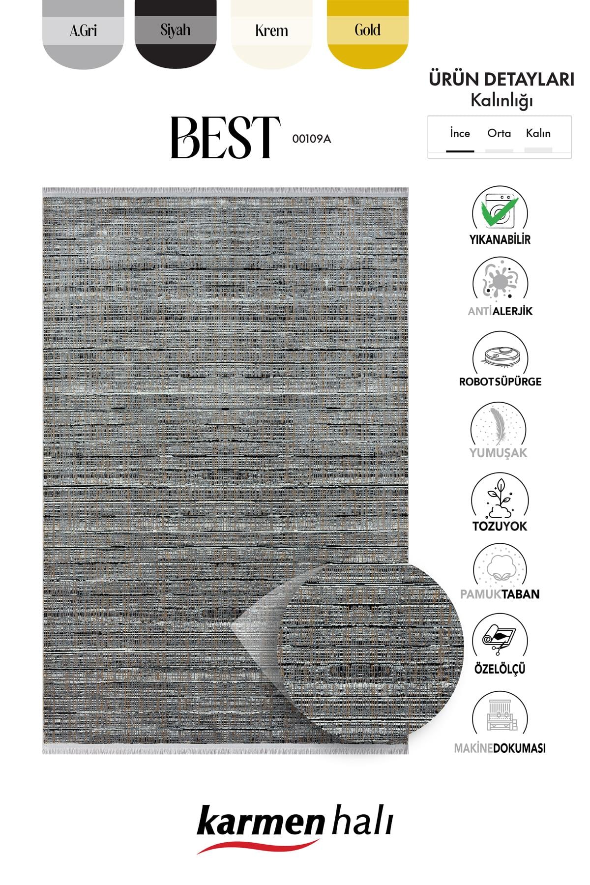 BEST 109 SIYAH HALI BEYAZ DETAYLI INCE PARLAK MAKINADA YIKANABILIR ANTIALERJIK MODERN SALON HALISI — Görsel 6