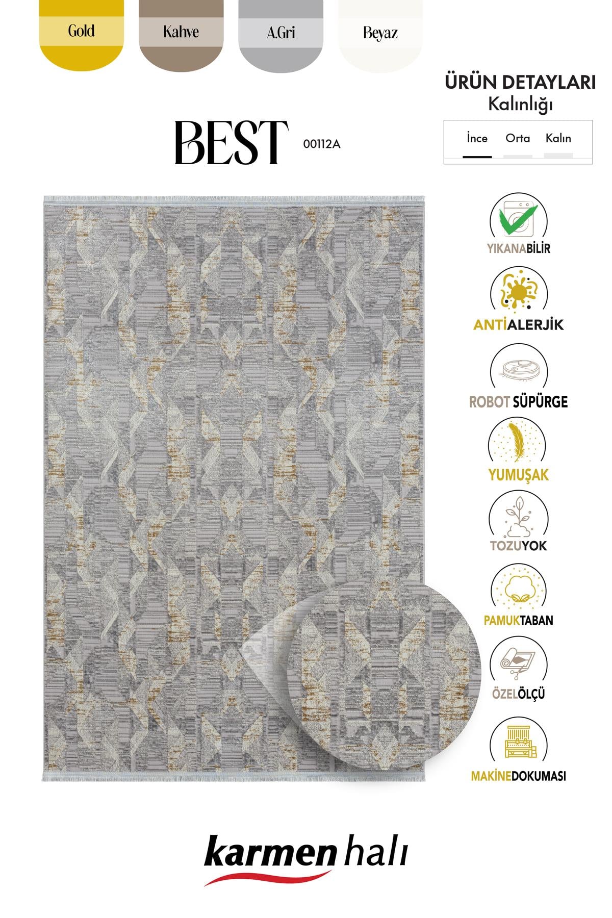 BEST 112 GRI HALI SPOR DESEN GOLD DETAYLI INCE PARLAK MAKINADA YIKANABILIR ANTIALERJIK MODERN — Görsel 6