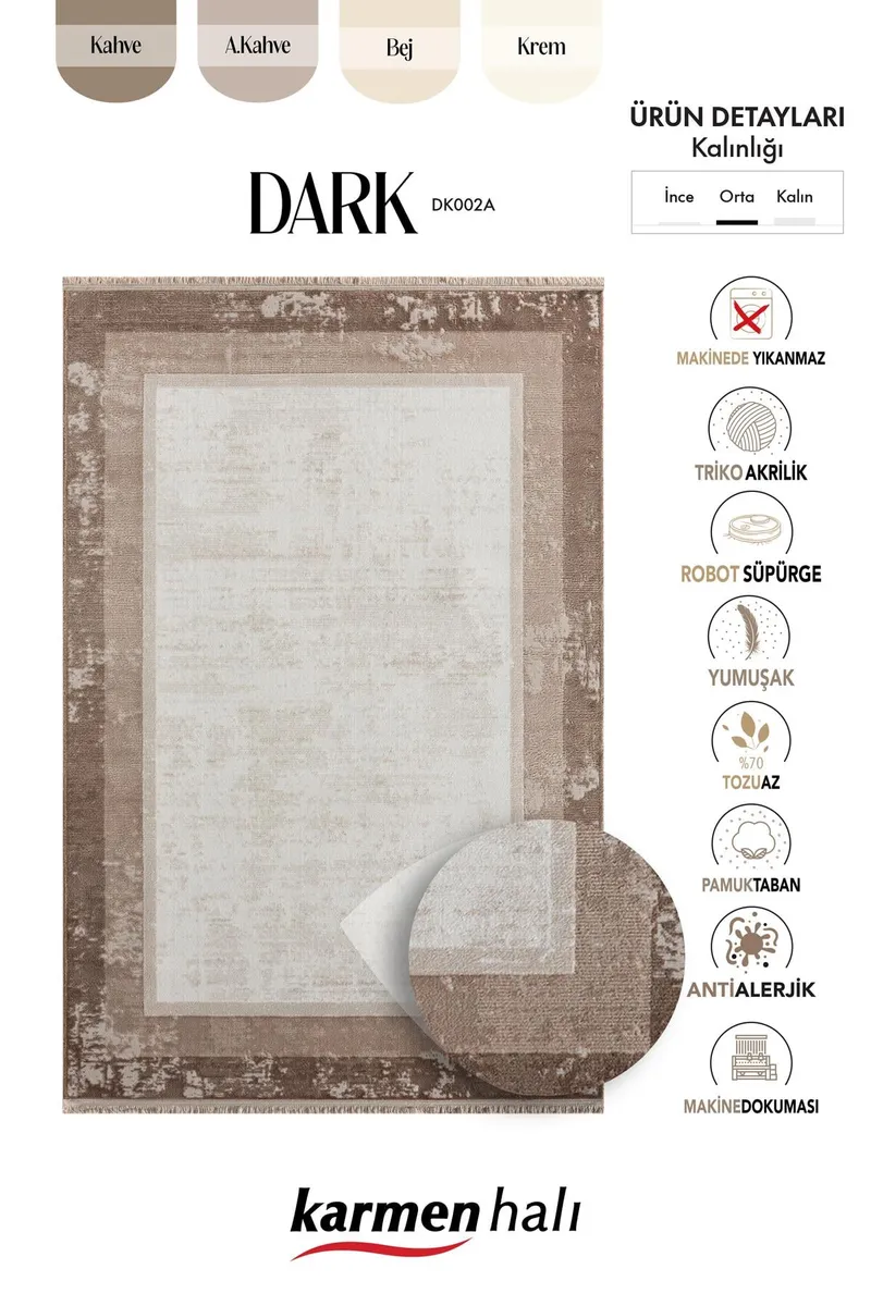 DARK DK002A BEJ HALI KAHVERENGI KENAR CERCEVELI AKRILIK TOZUAZ MODERN SALON HALISI YATAK ODASI — Görsel 6