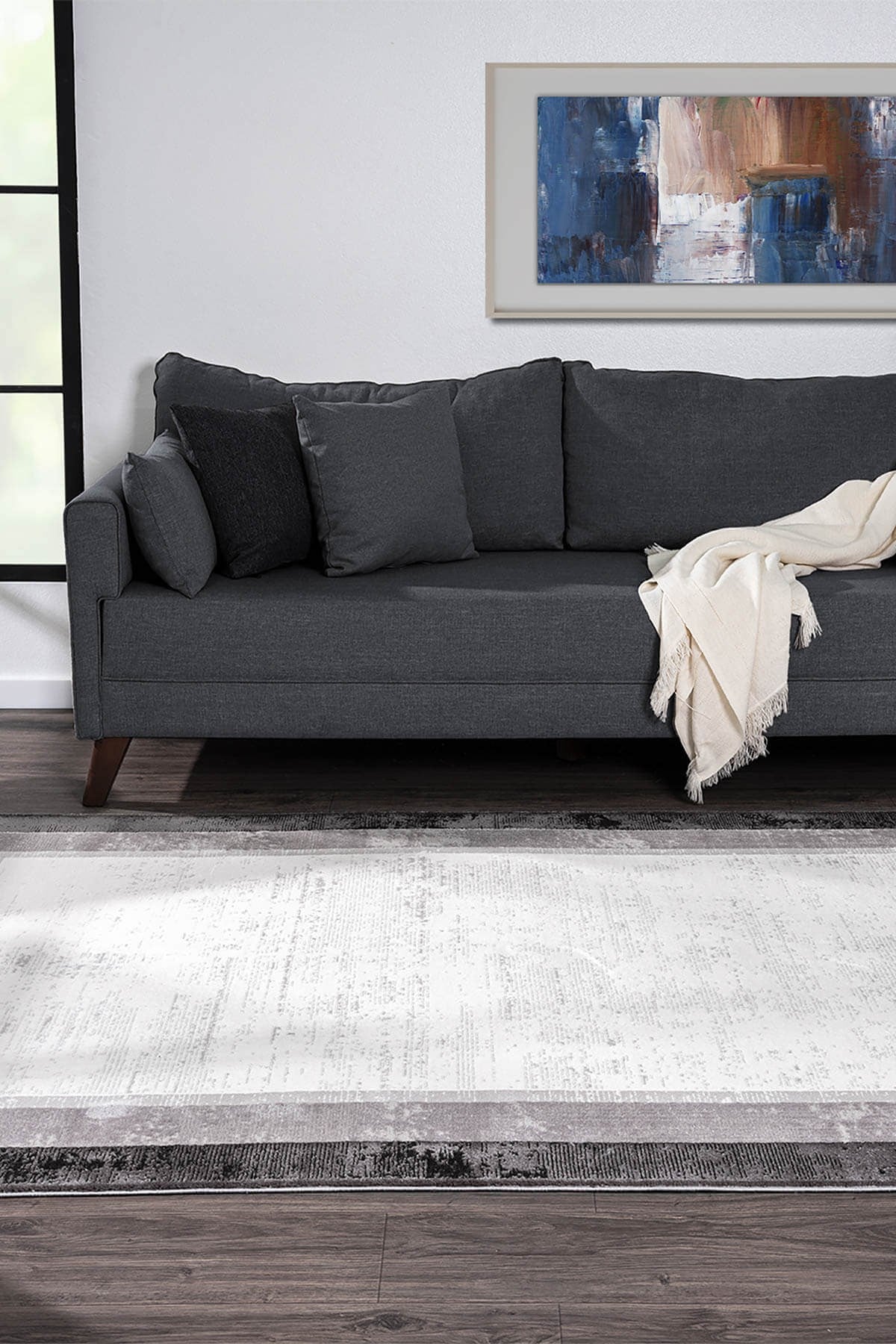 DARK DK002G GRI HALI ANTRASIT KENAR CERCEVELI AKRILIK TOZUAZ MODERN SALON HALISI YATAK ODASI — Görsel 5