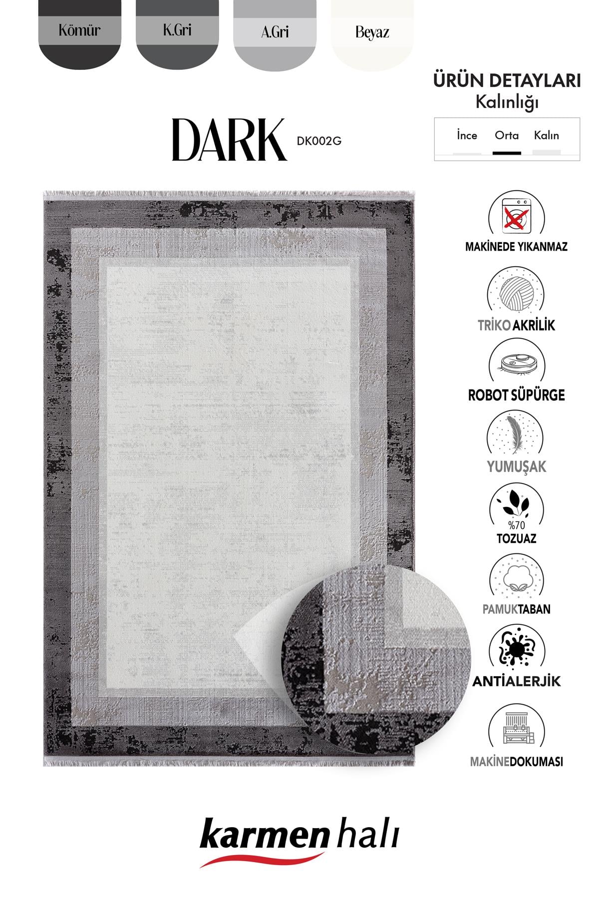 DARK DK002G GRI HALI ANTRASIT KENAR CERCEVELI AKRILIK TOZUAZ MODERN SALON HALISI YATAK ODASI — Görsel 6