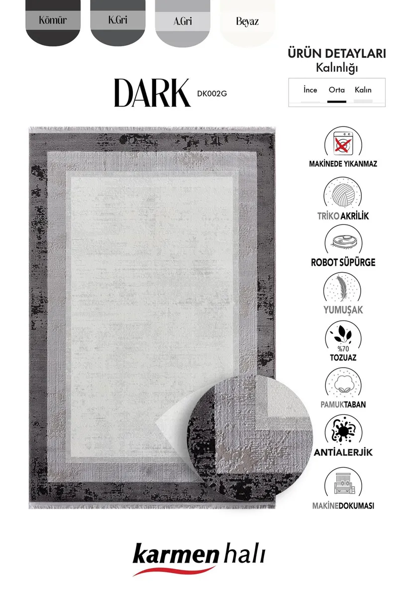 DARK DK002G GRI HALI ANTRASIT KENAR CERCEVELI AKRILIK TOZUAZ MODERN SALON HALISI YATAK ODASI — Görsel 6