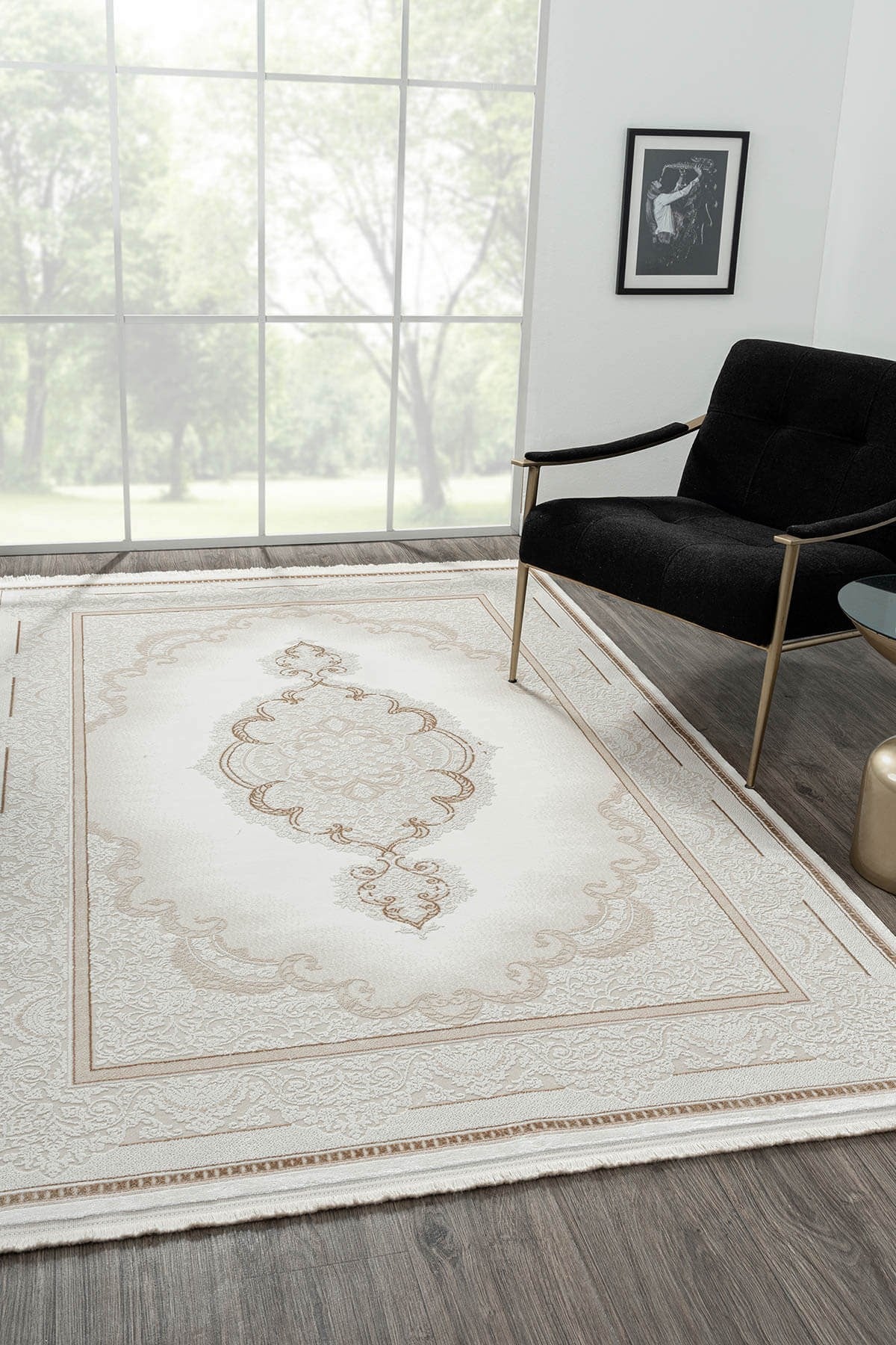 ELEGANCE EG001A BEYAZ HALI GOLD SEDEF DETAYLI GOBEKLI MODERN VISKON DOGAL IPLIK BAMBU HALI TOZU AZ — Görsel 2