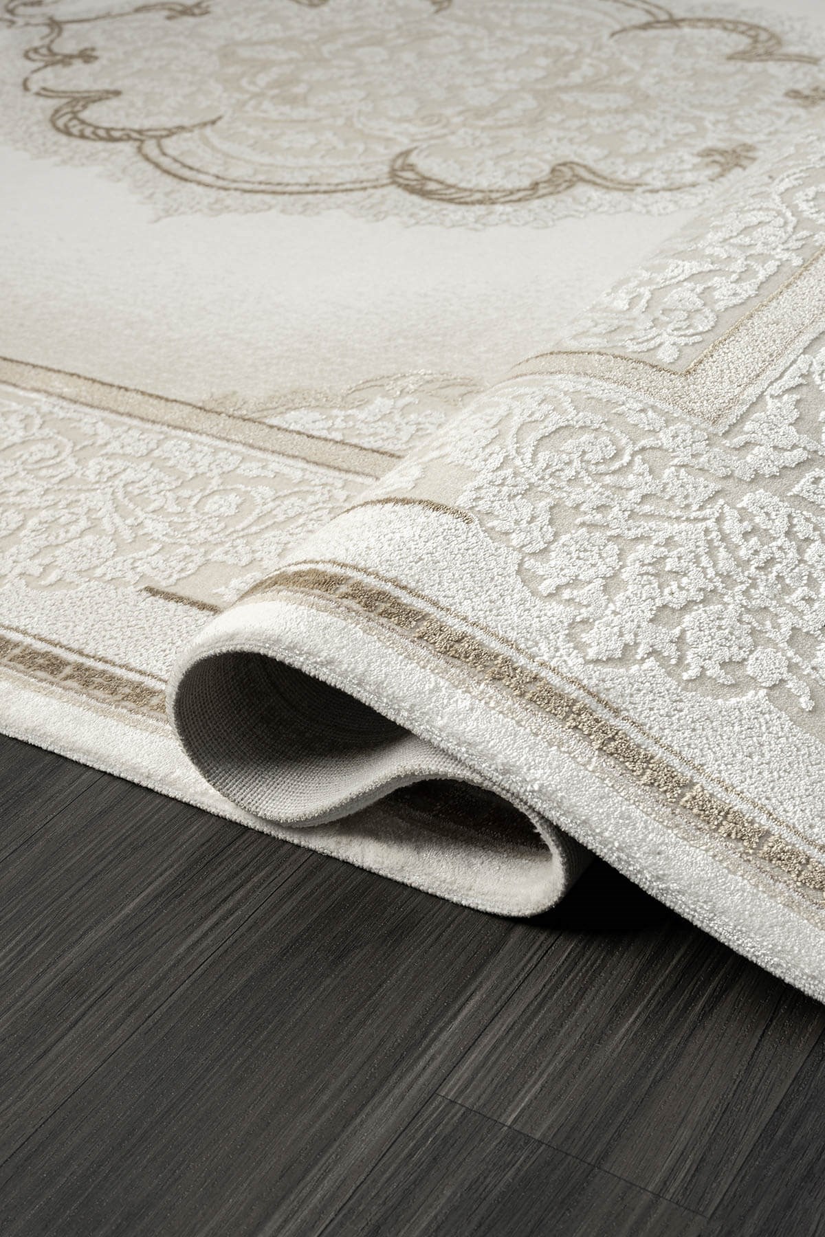 ELEGANCE EG001A BEYAZ HALI GOLD SEDEF DETAYLI GOBEKLI MODERN VISKON DOGAL IPLIK BAMBU HALI TOZU AZ — Görsel 3