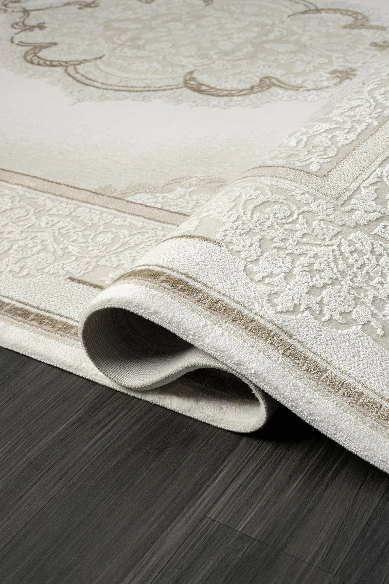 ELEGANCE EG001A BEYAZ HALI GOLD SEDEF DETAYLI GOBEKLI MODERN VISKON DOGAL IPLIK BAMBU HALI TOZU AZ — Görsel 3