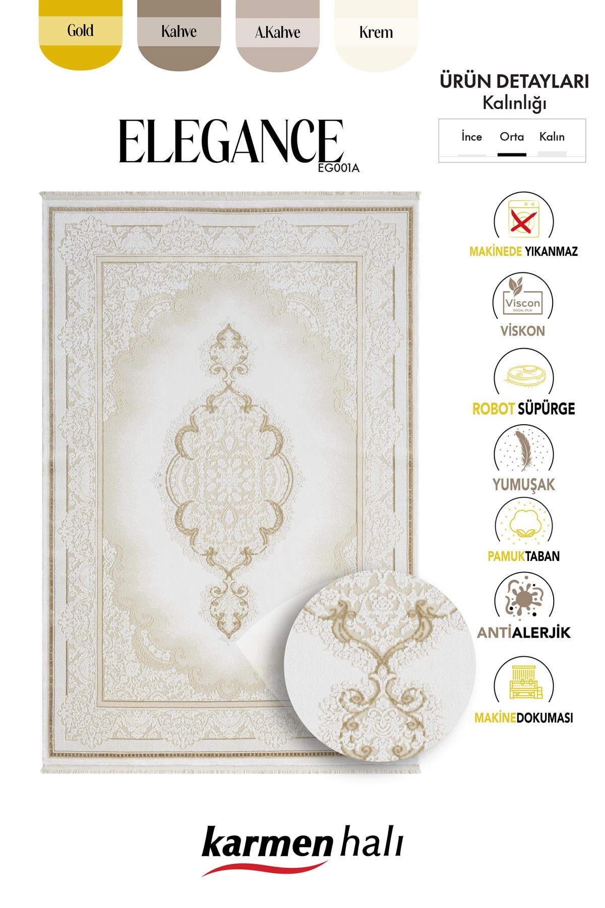 ELEGANCE EG001A BEYAZ HALI GOLD SEDEF DETAYLI GOBEKLI MODERN VISKON DOGAL IPLIK BAMBU HALI TOZU AZ — Görsel 6