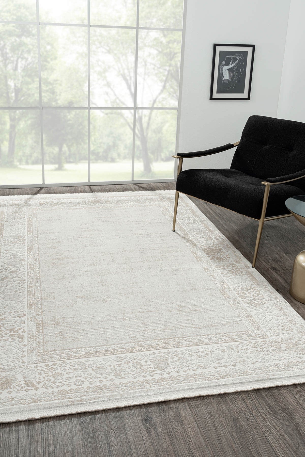 ELEGANCE EG002A GRI HALI BEJ DETAYLI CERCEVELI MODERN VISKON DOGAL IPLIK BAMBU HALI TOZU AZ — Görsel 2