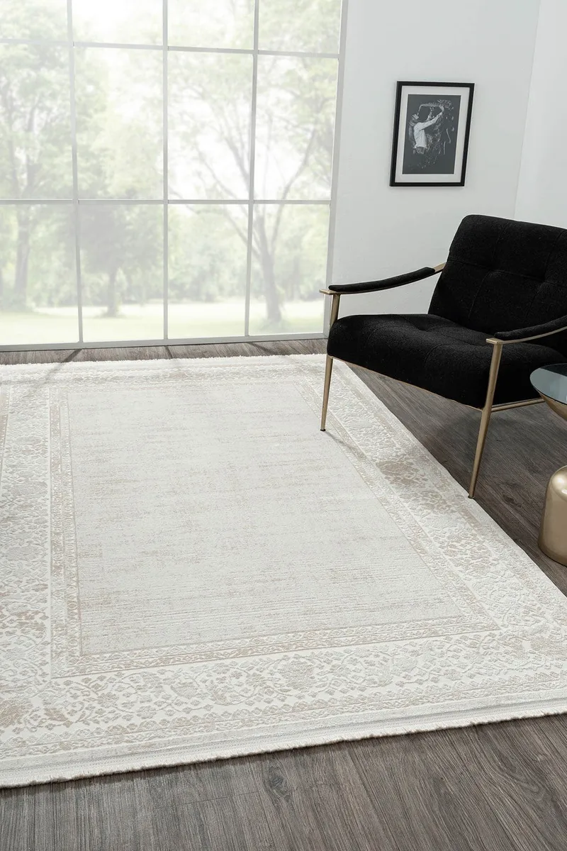 ELEGANCE EG002A GRI HALI BEJ DETAYLI CERCEVELI MODERN VISKON DOGAL IPLIK BAMBU HALI TOZU AZ — Görsel 2