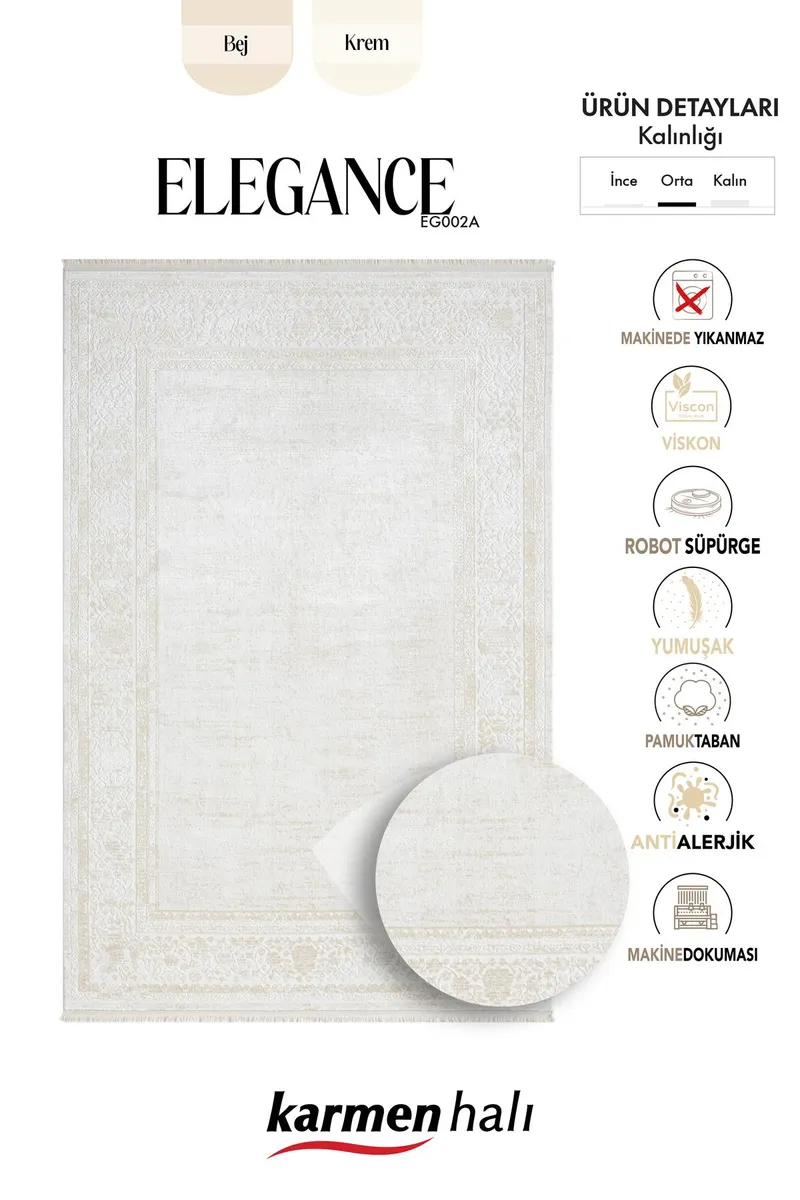 ELEGANCE EG002A GRI HALI BEJ DETAYLI CERCEVELI MODERN VISKON DOGAL IPLIK BAMBU HALI TOZU AZ — Görsel 6