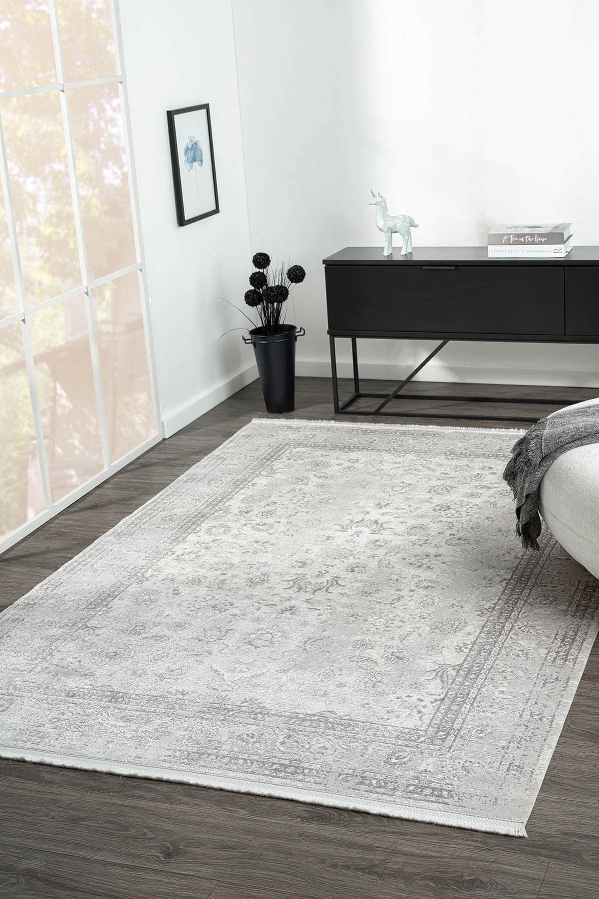 ELEGANCE EG004A GRI HALI ANTRASIT MODERN KLASIK DESENLI VISKON DOGAL IPLIK BAMBU HALI TOZU AZ SALON — Görsel 2