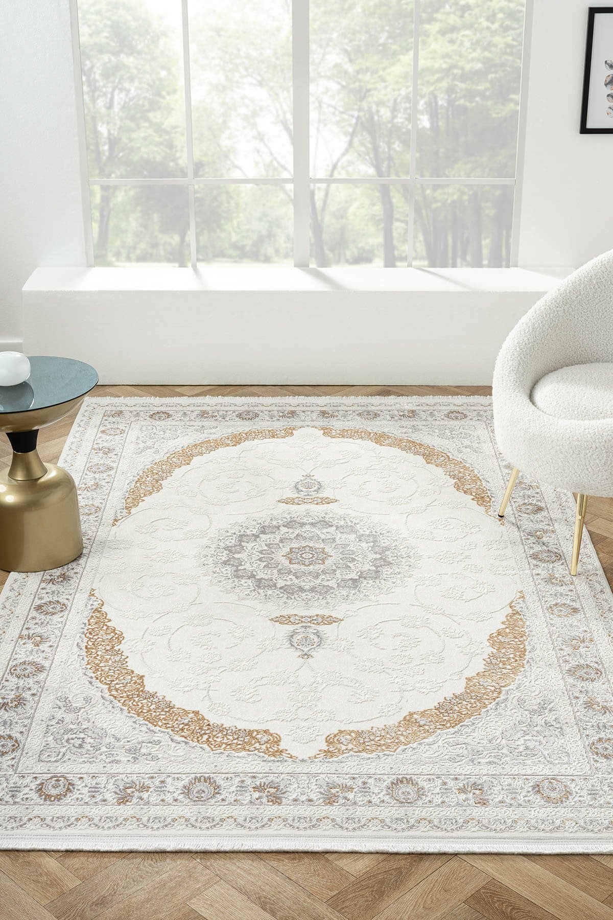 ELEGANCE EG008A BEYAZ HALI GOLD SEDEF DETAYLI GOBEKLI MODERN VISKON DOGAL IPLIK BAMBU HALI TOZU AZ — Görsel 2
