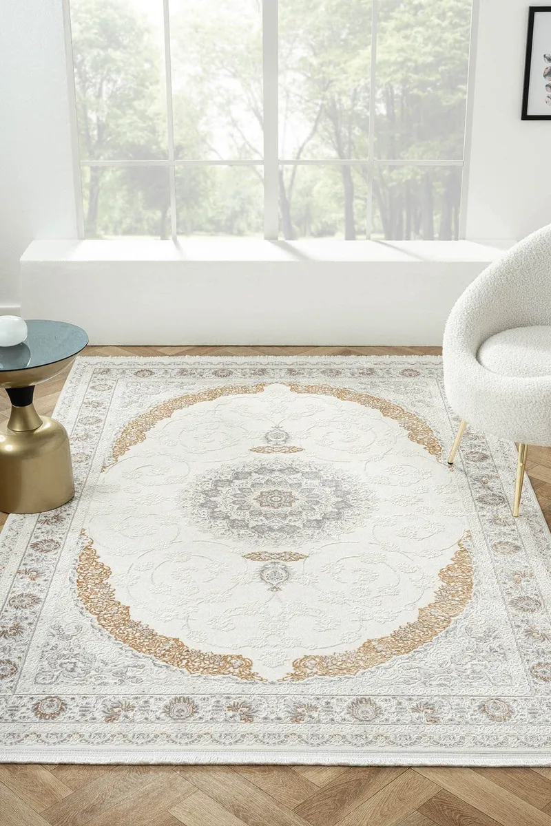 ELEGANCE EG008A BEYAZ HALI GOLD SEDEF DETAYLI GOBEKLI MODERN VISKON DOGAL IPLIK BAMBU HALI TOZU AZ — Görsel 2