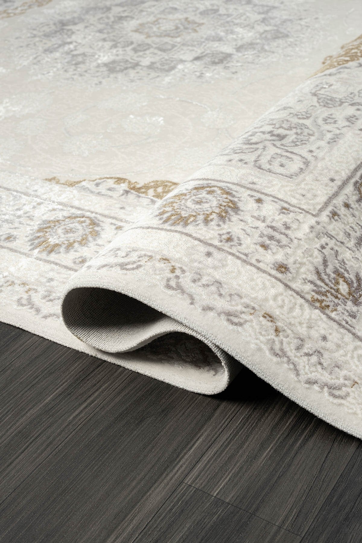 ELEGANCE EG008A BEYAZ HALI GOLD SEDEF DETAYLI GOBEKLI MODERN VISKON DOGAL IPLIK BAMBU HALI TOZU AZ — Görsel 3