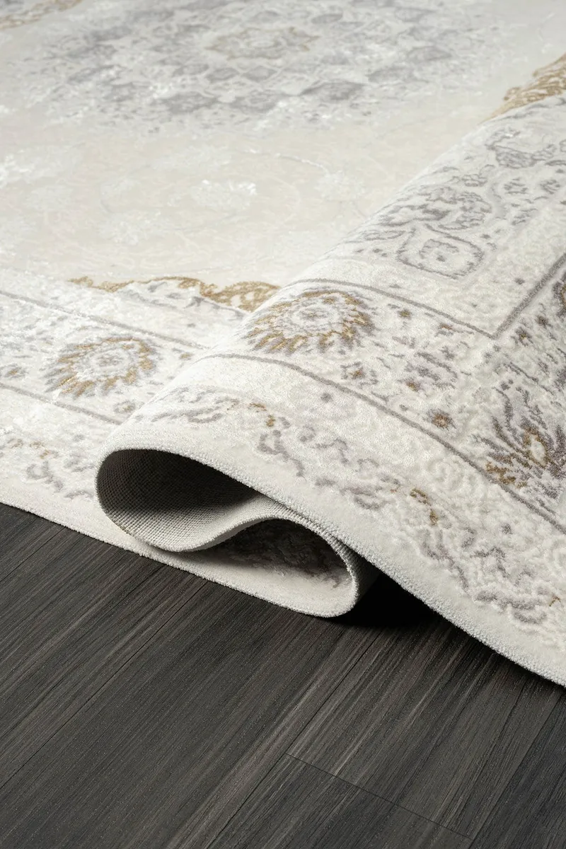 ELEGANCE EG008A BEYAZ HALI GOLD SEDEF DETAYLI GOBEKLI MODERN VISKON DOGAL IPLIK BAMBU HALI TOZU AZ — Görsel 3