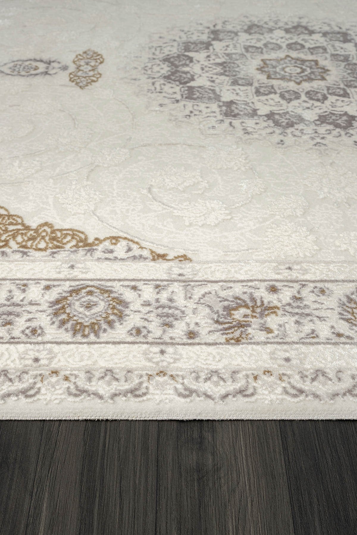 ELEGANCE EG008A BEYAZ HALI GOLD SEDEF DETAYLI GOBEKLI MODERN VISKON DOGAL IPLIK BAMBU HALI TOZU AZ — Görsel 4