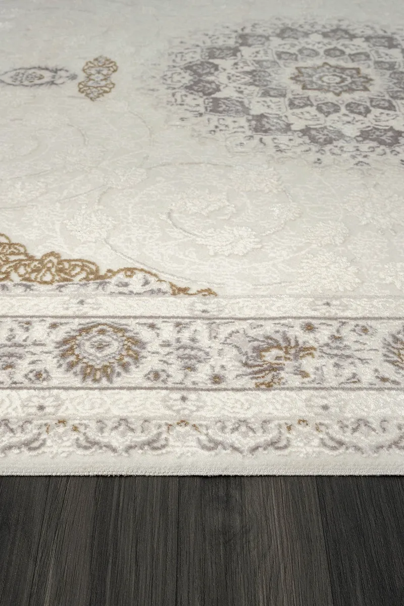 ELEGANCE EG008A BEYAZ HALI GOLD SEDEF DETAYLI GOBEKLI MODERN VISKON DOGAL IPLIK BAMBU HALI TOZU AZ — Görsel 4