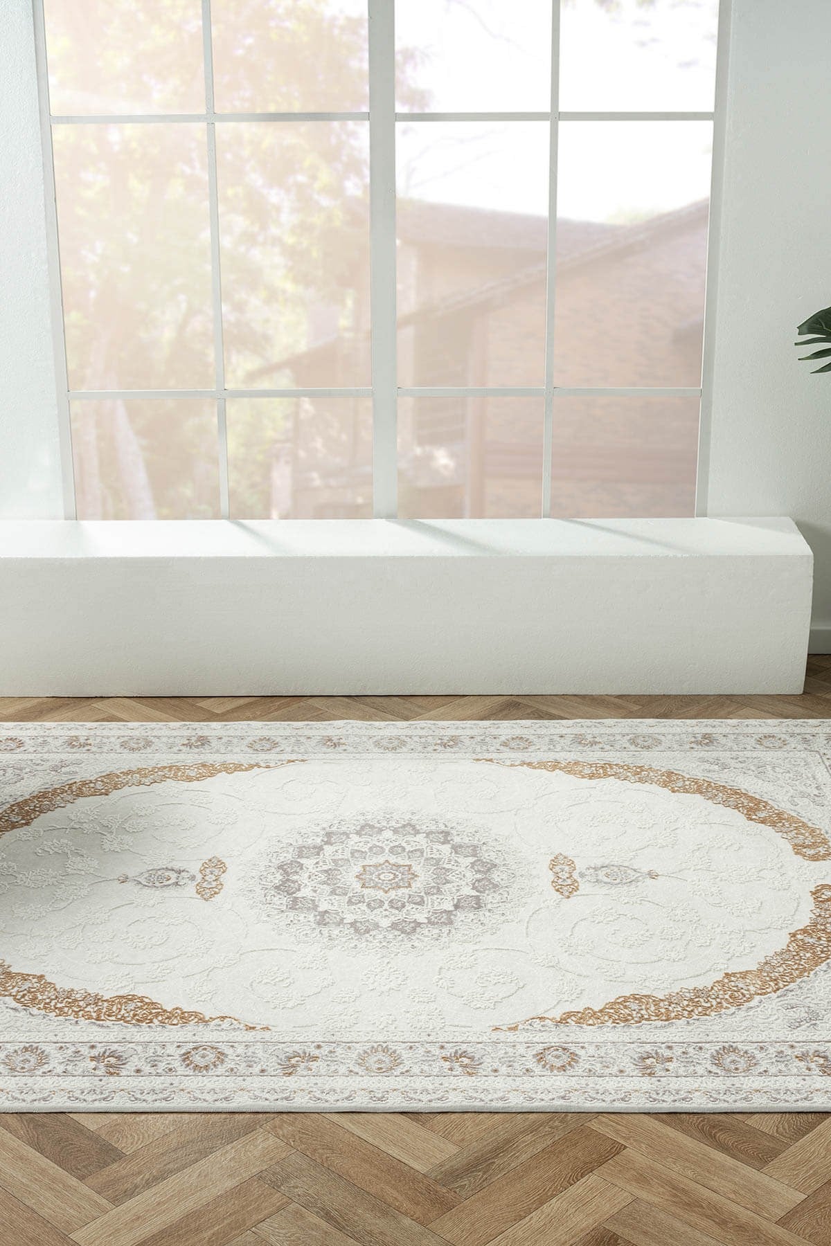 ELEGANCE EG008A BEYAZ HALI GOLD SEDEF DETAYLI GOBEKLI MODERN VISKON DOGAL IPLIK BAMBU HALI TOZU AZ — Görsel 5