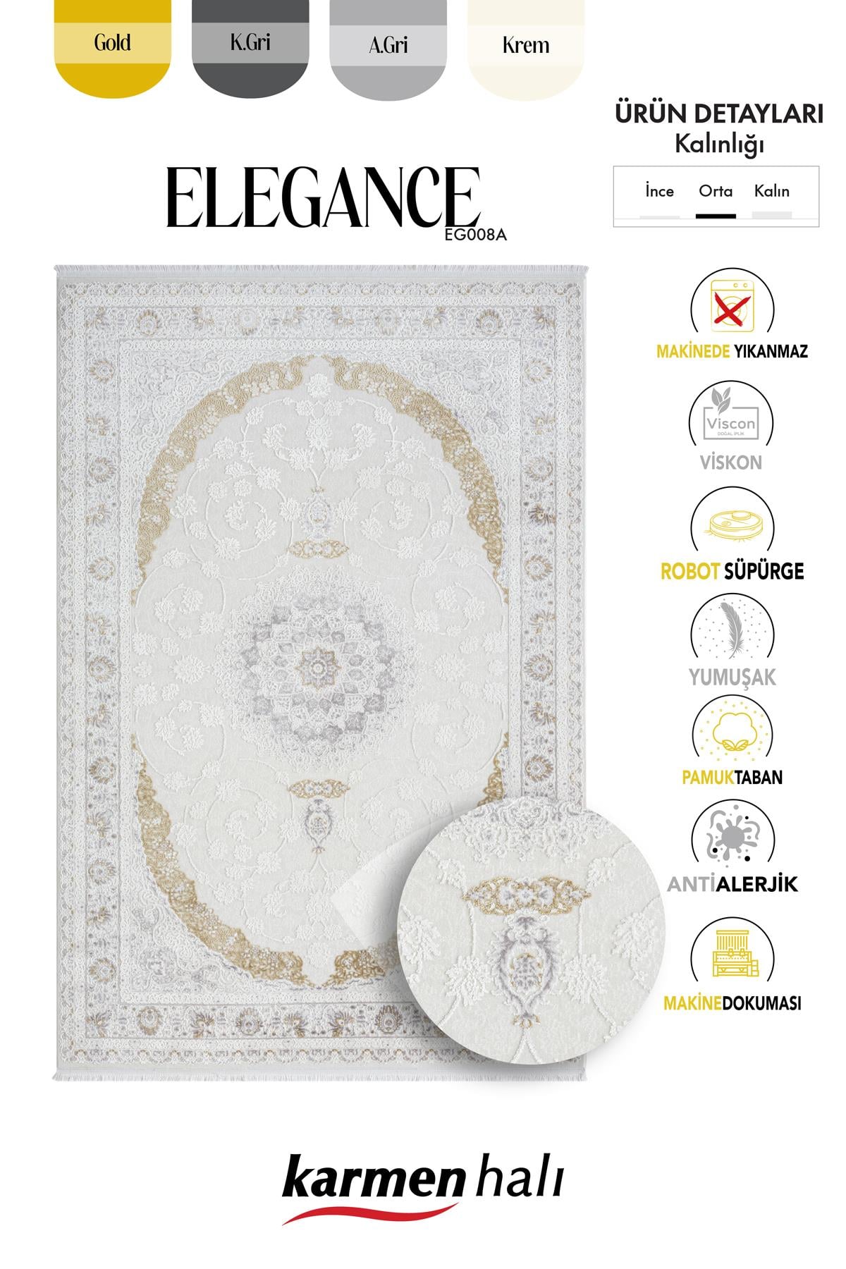 ELEGANCE EG008A BEYAZ HALI GOLD SEDEF DETAYLI GOBEKLI MODERN VISKON DOGAL IPLIK BAMBU HALI TOZU AZ — Görsel 6