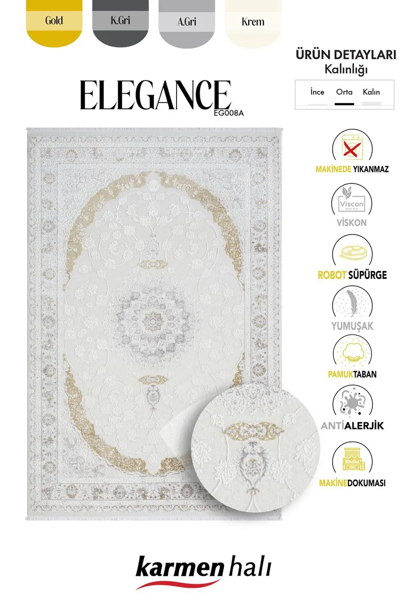 ELEGANCE EG008A BEYAZ HALI GOLD SEDEF DETAYLI GOBEKLI MODERN VISKON DOGAL IPLIK BAMBU HALI TOZU AZ — Görsel 6