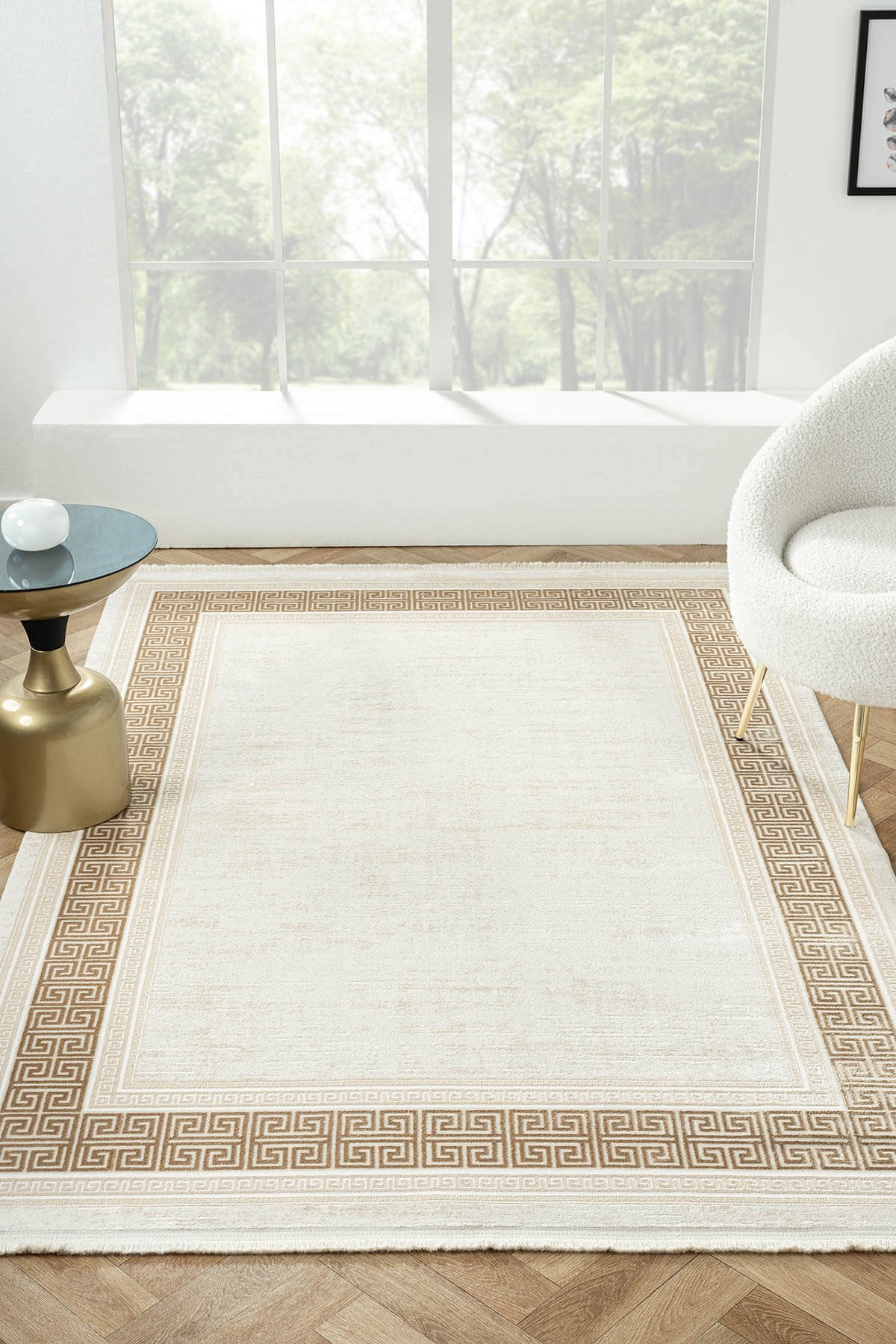 ELEGANCE EG009A BEJ HALI GOLD CERCEVELI MODERN VISKON DOGAL IPLIK BAMBU HALI TOZU AZ SALON HALISI — Görsel 2