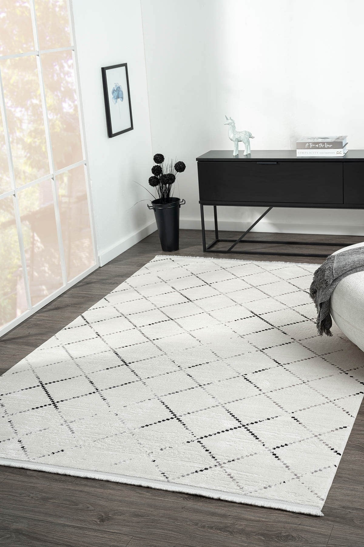 ELEGANCE EG010A BEYAZ HALI GEOMETRIK DETAYLI MODERN VISKON DOGAL IPLIK BAMBU HALI TOZU AZ SALON HALI — Görsel 2