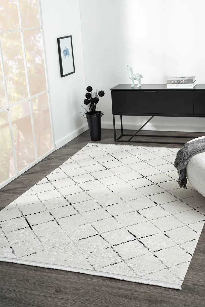 ELEGANCE EG010A BEYAZ HALI GEOMETRIK DETAYLI MODERN VISKON DOGAL IPLIK BAMBU HALI TOZU AZ SALON HALI — Görsel 2
