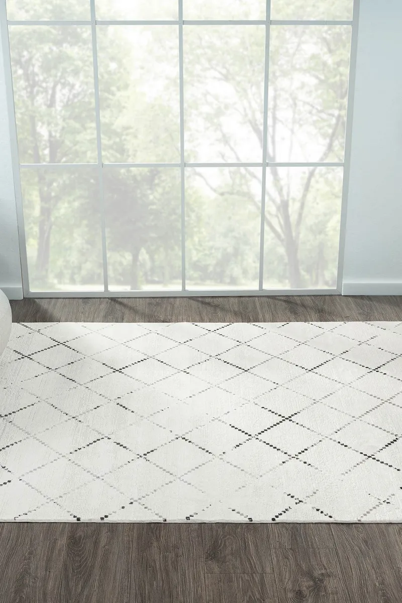 ELEGANCE EG010A BEYAZ HALI GEOMETRIK DETAYLI MODERN VISKON DOGAL IPLIK BAMBU HALI TOZU AZ SALON HALI — Görsel 5