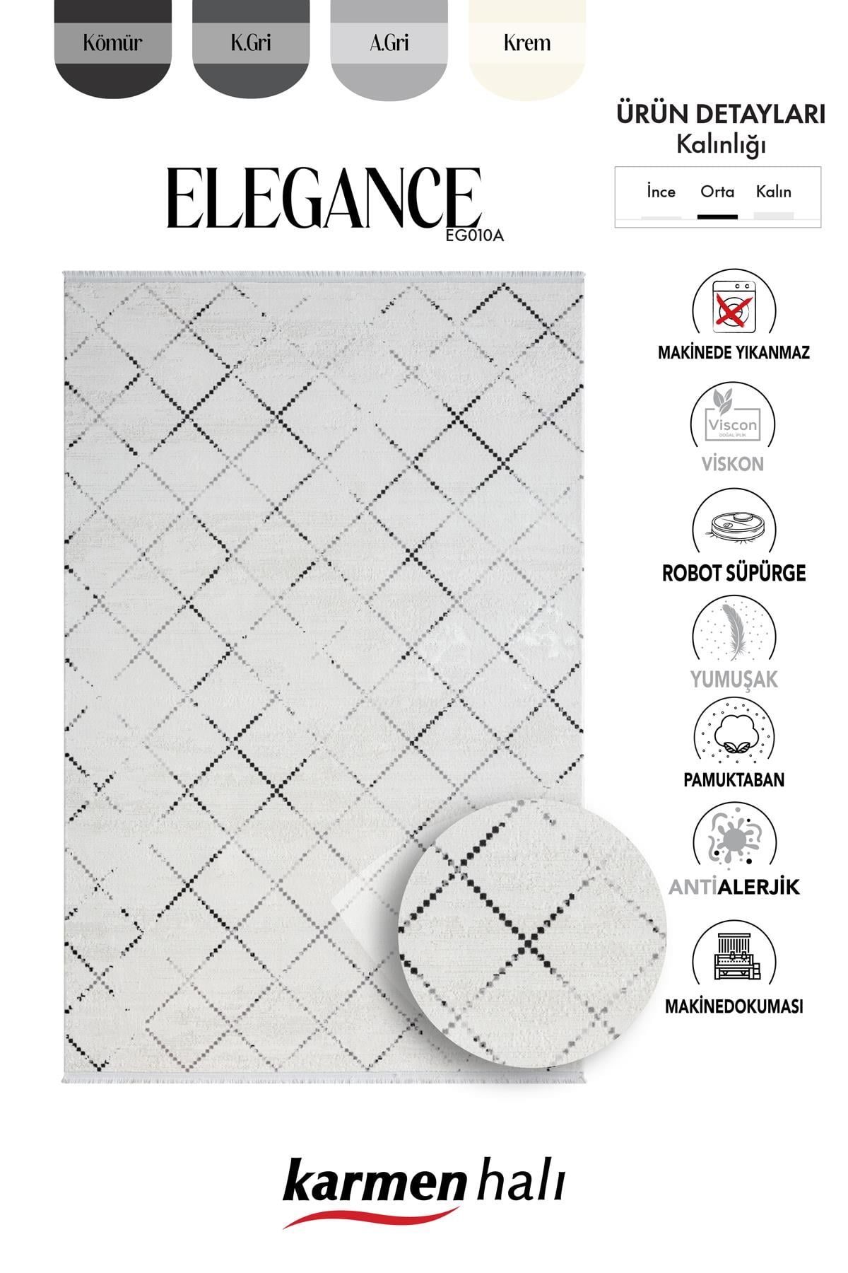 ELEGANCE EG010A BEYAZ HALI GEOMETRIK DETAYLI MODERN VISKON DOGAL IPLIK BAMBU HALI TOZU AZ SALON HALI — Görsel 6