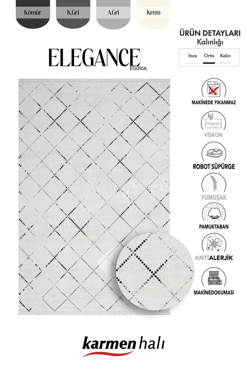 ELEGANCE EG010A BEYAZ HALI GEOMETRIK DETAYLI MODERN VISKON DOGAL IPLIK BAMBU HALI TOZU AZ SALON HALI — Görsel 6