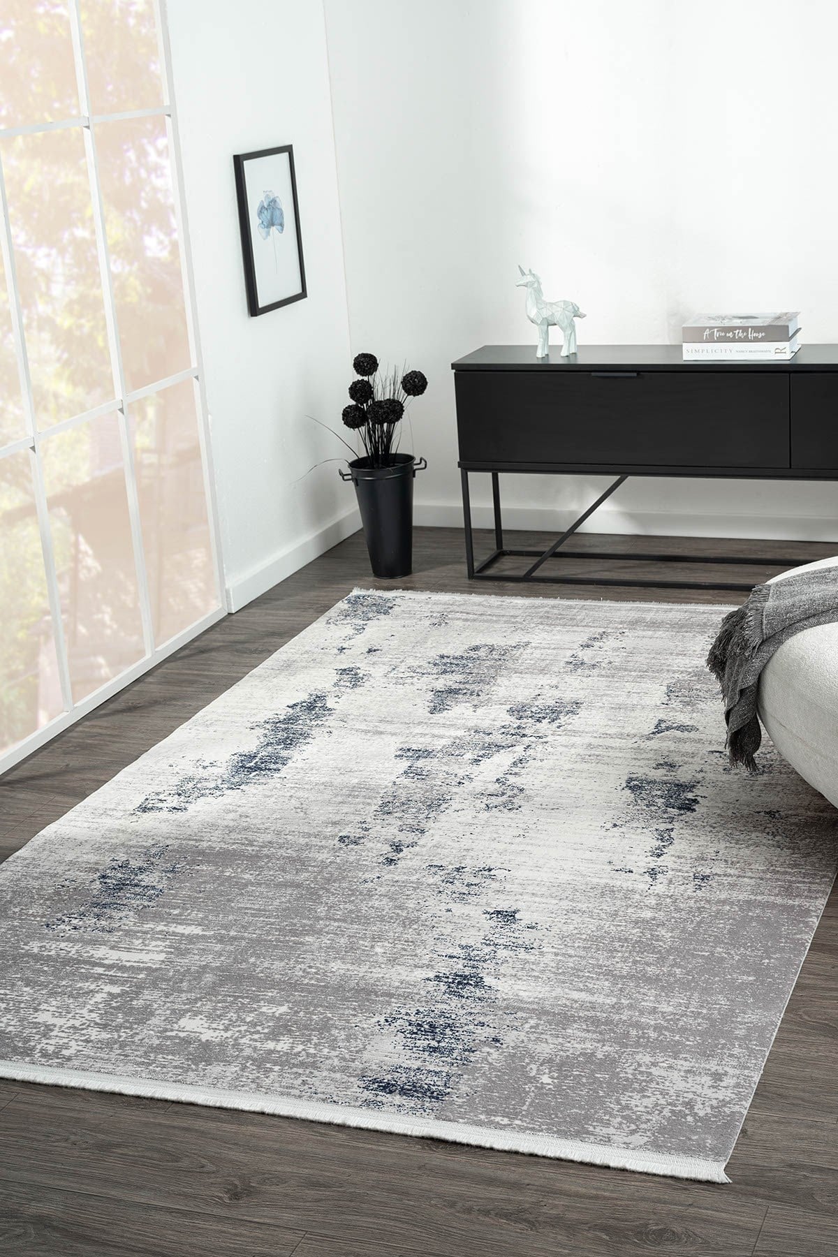 ELEGANCE EG013A GRI HALI LACIVERT DETAYLI MODERN VISKON DOGAL IPLIK BAMBU HALI TOZU AZ SALON HALISI — Görsel 2