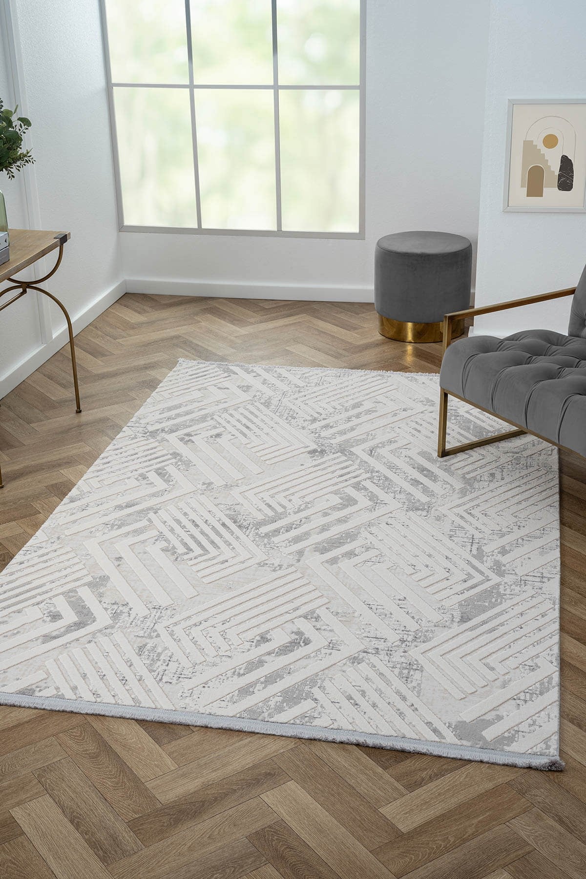 KAFTAN KF006G BEJ HALI GRI DETAYLI GEOMETRIK KABARTMA DESENLI AKRILIK HALI TOZUAZ SALON HALISI — Görsel 2
