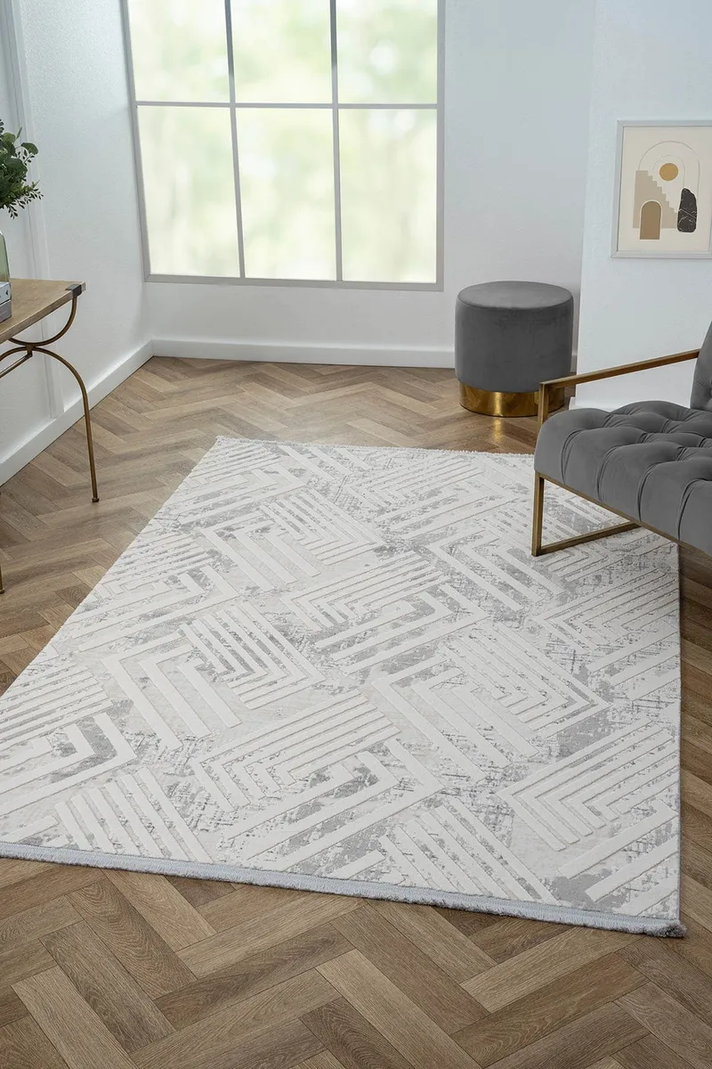 KAFTAN KF006G BEJ HALI GRI DETAYLI GEOMETRIK KABARTMA DESENLI AKRILIK HALI TOZUAZ SALON HALISI — Görsel 2