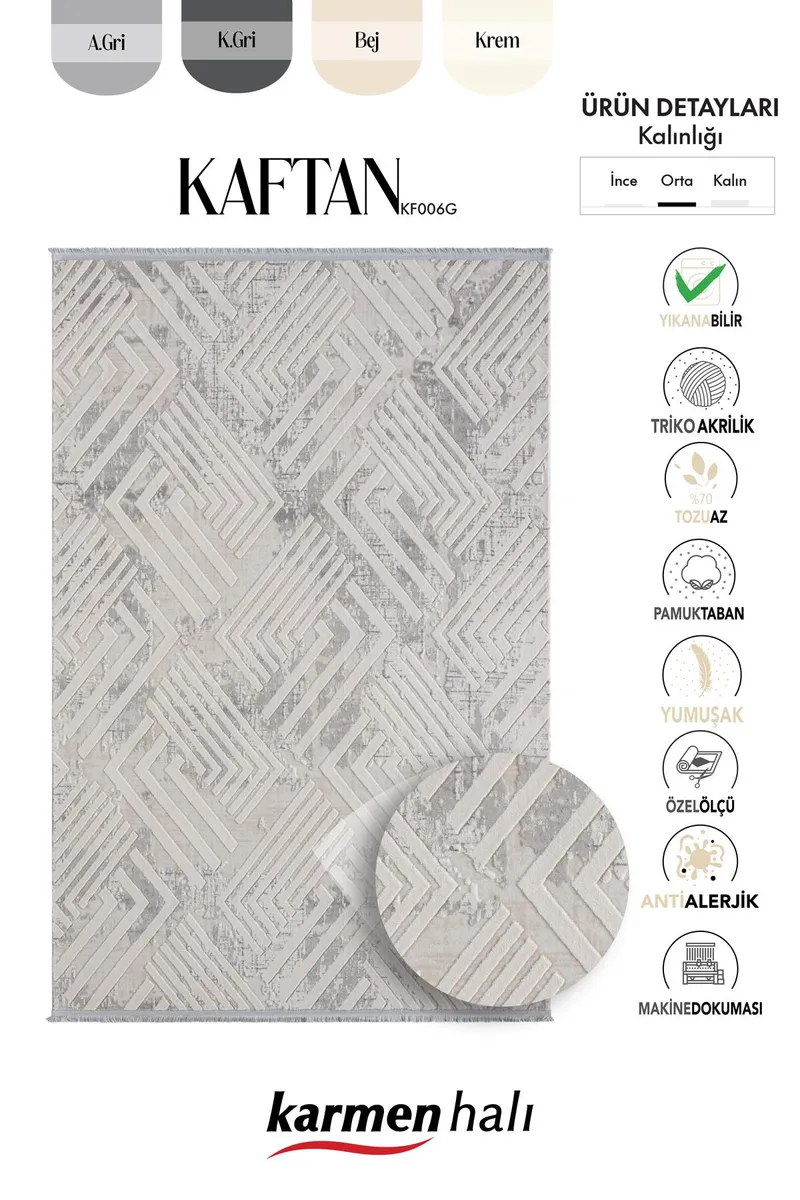 KAFTAN KF006G BEJ HALI GRI DETAYLI GEOMETRIK KABARTMA DESENLI AKRILIK HALI TOZUAZ SALON HALISI — Görsel 6