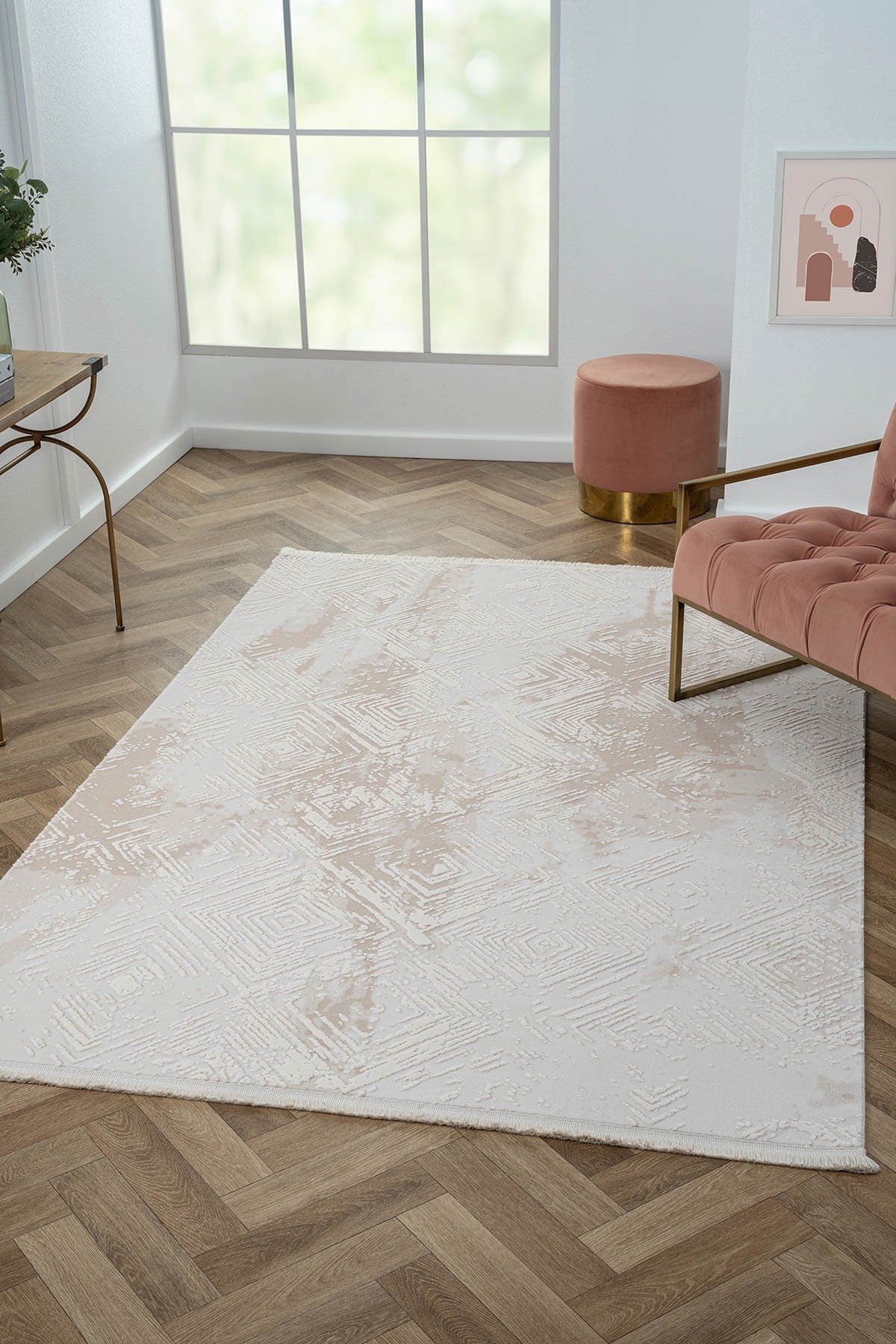 KAFTAN KF007B BEJ HALI GEOMETRIK KABARTMA DESENLI AKRILIK HALI TOZUAZ SALON HALISI YATAK ODASI — Görsel 2