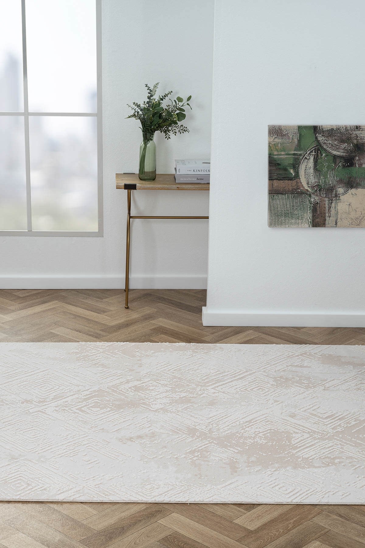 KAFTAN KF007B BEJ HALI GEOMETRIK KABARTMA DESENLI AKRILIK HALI TOZUAZ SALON HALISI YATAK ODASI — Görsel 5