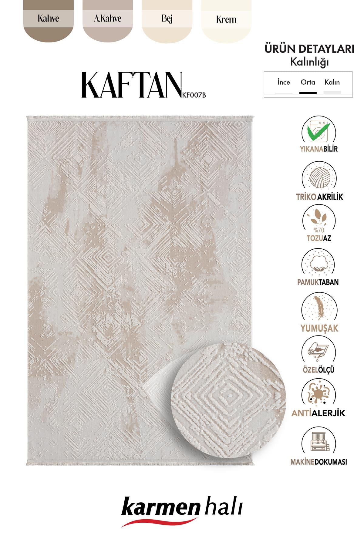 KAFTAN KF007B BEJ HALI GEOMETRIK KABARTMA DESENLI AKRILIK HALI TOZUAZ SALON HALISI YATAK ODASI — Görsel 6