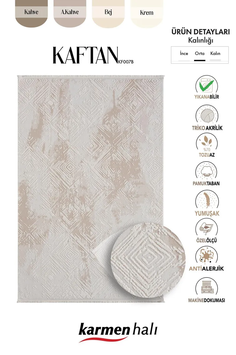 KAFTAN KF007B BEJ HALI GEOMETRIK KABARTMA DESENLI AKRILIK HALI TOZUAZ SALON HALISI YATAK ODASI — Görsel 6