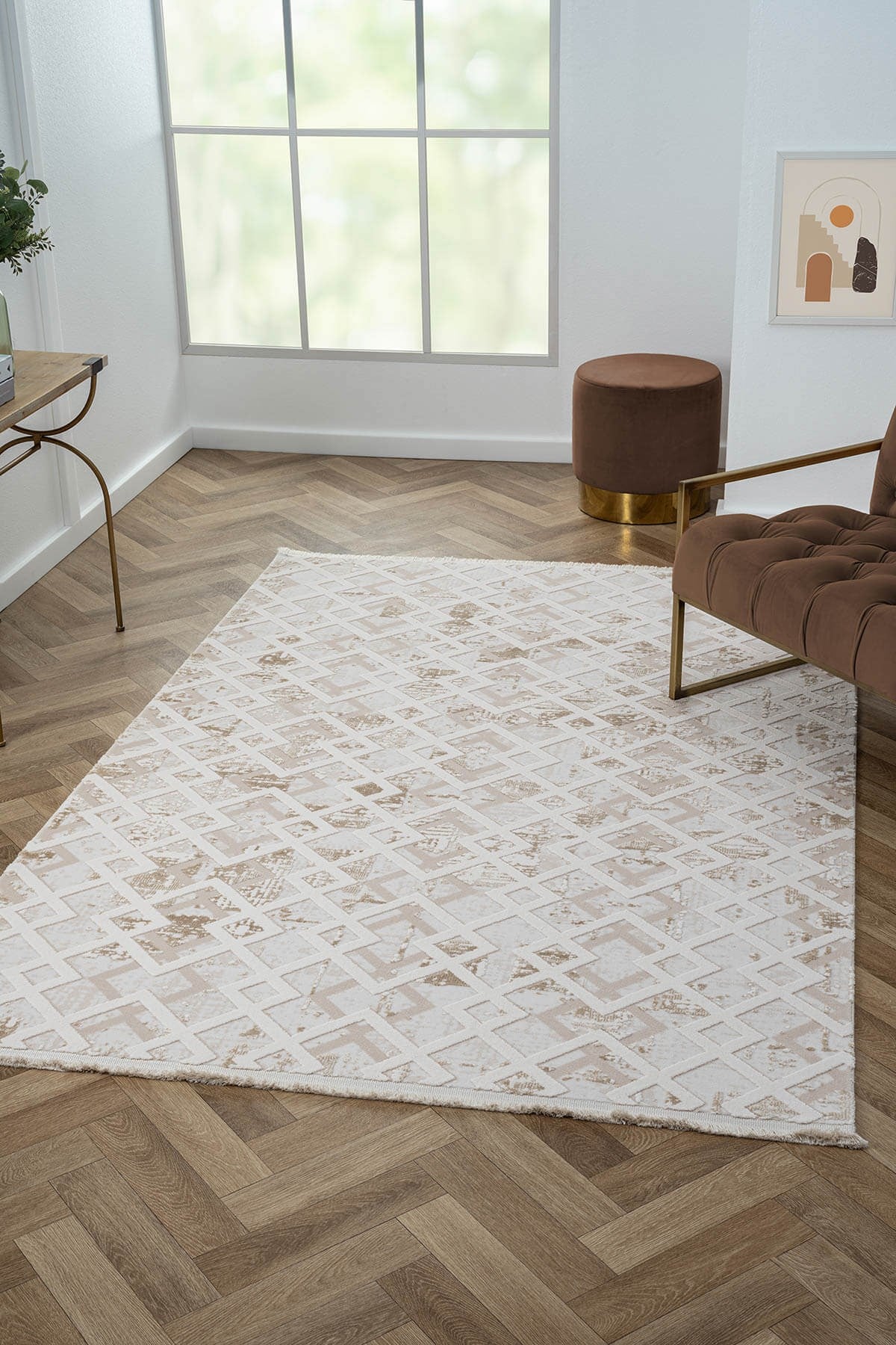 KAFTAN KF008A BEJ HALI KAHVERENGI DETAYLI GEOMETRIK KABARTMA DESENLI AKRILIK HALI TOZUAZ — Görsel 2