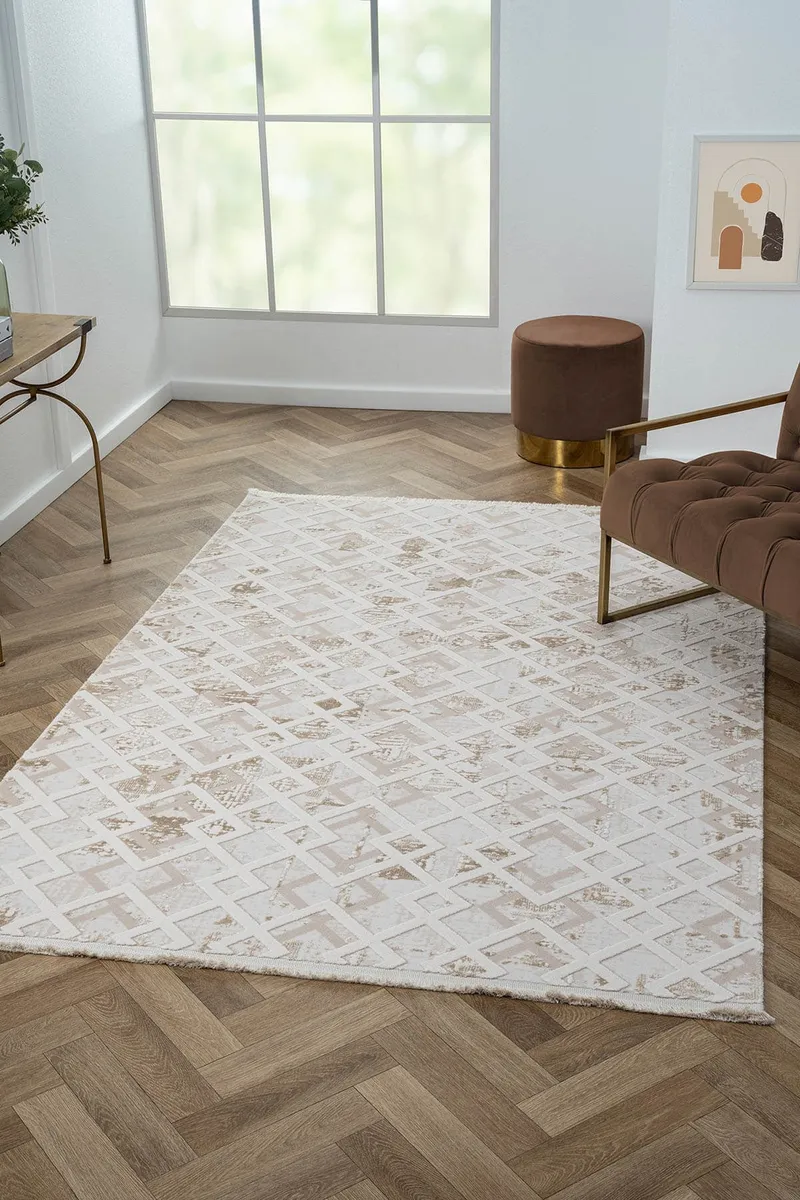 KAFTAN KF008A BEJ HALI KAHVERENGI DETAYLI GEOMETRIK KABARTMA DESENLI AKRILIK HALI TOZUAZ — Görsel 2