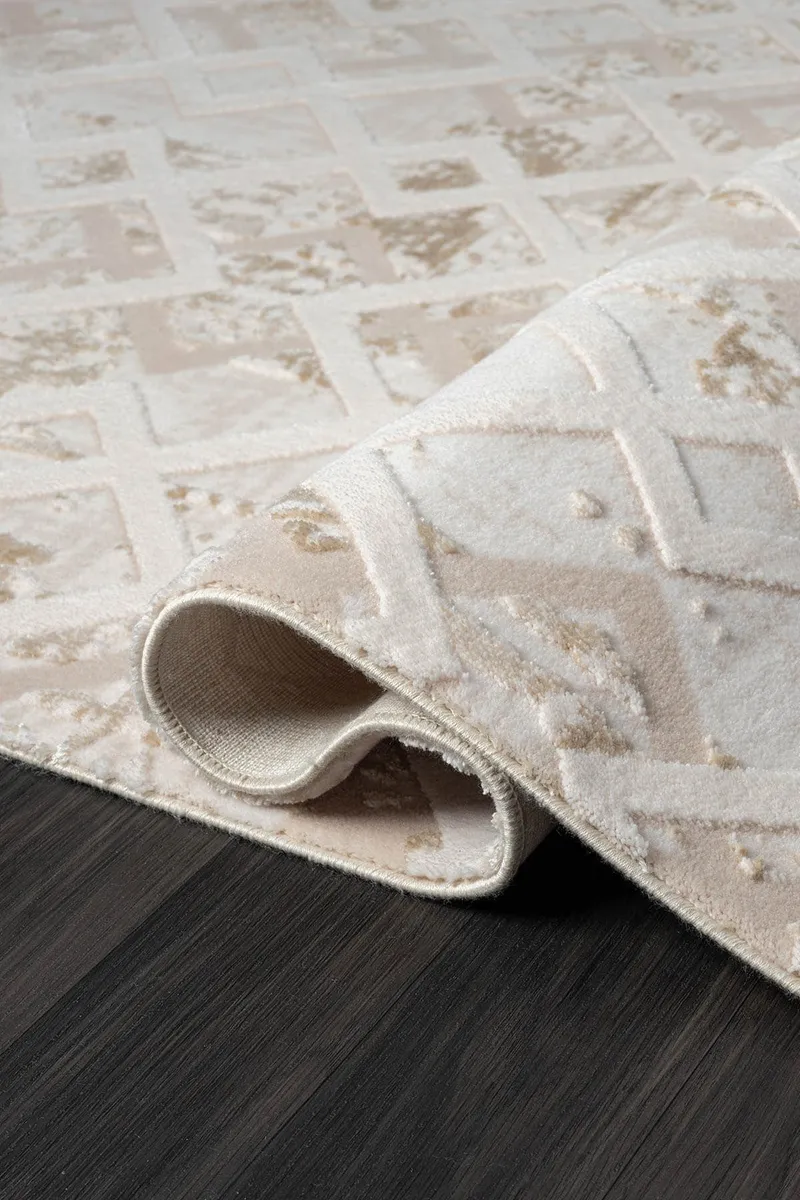 KAFTAN KF008A BEJ HALI KAHVERENGI DETAYLI GEOMETRIK KABARTMA DESENLI AKRILIK HALI TOZUAZ — Görsel 3