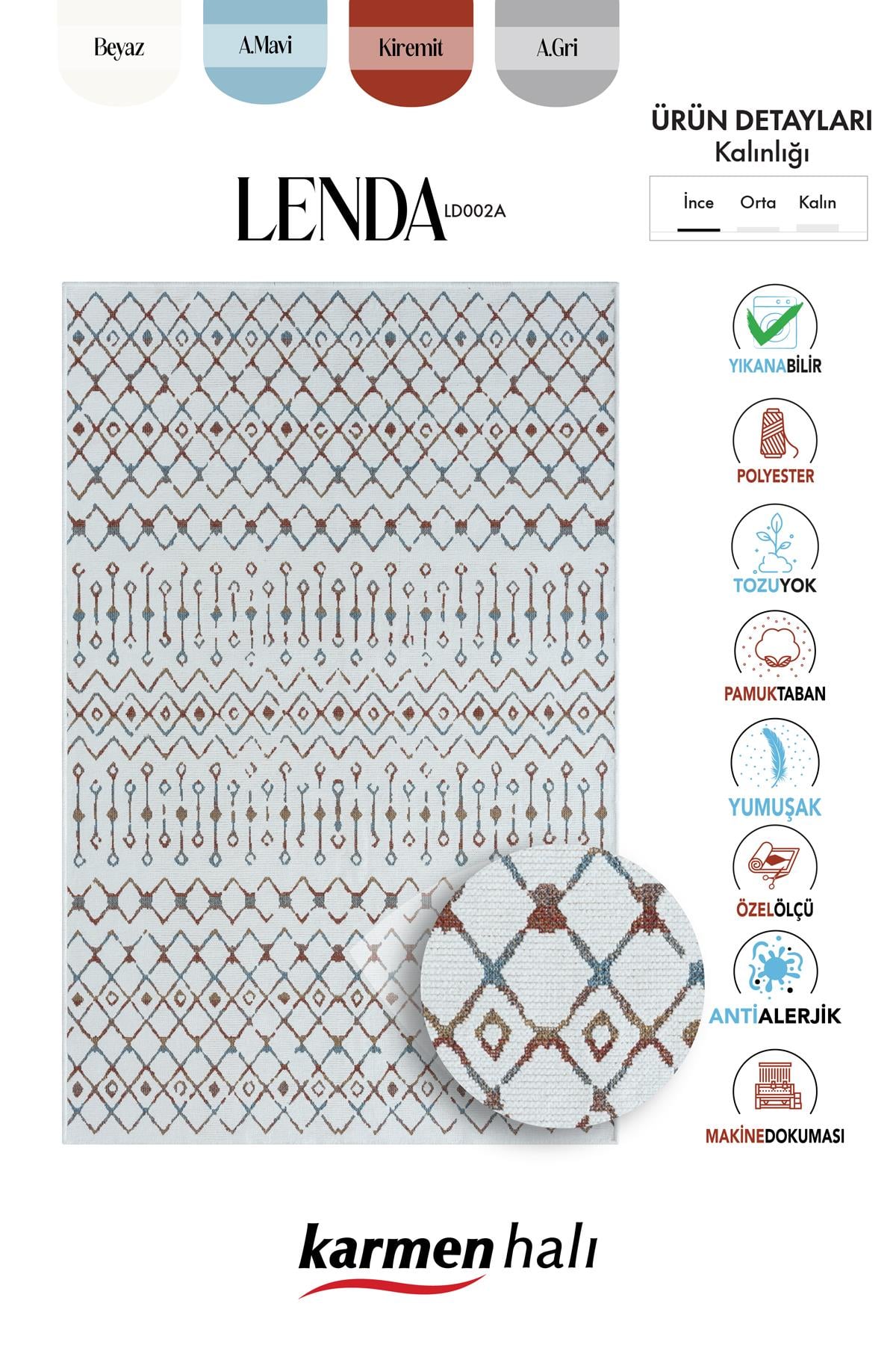LENDA LD002A GRI KILIM RENKLI DETAYLI INCE KAYMAZ TABAN MAKINADA YIKANABILIR SALON HALI — Görsel 6