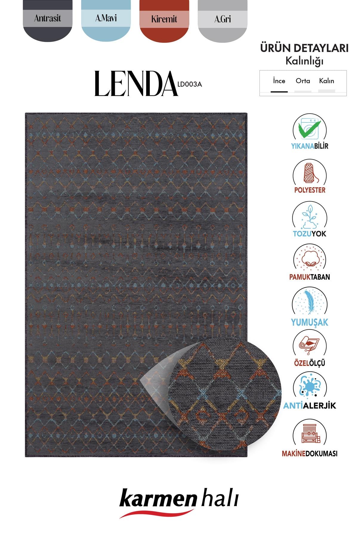 LENDA LD003A ANTRASIT KILIM RENKLI DETAYLI INCE KAYMAZ TABAN MAKINADA YIKANABILIR SALON — Görsel 6