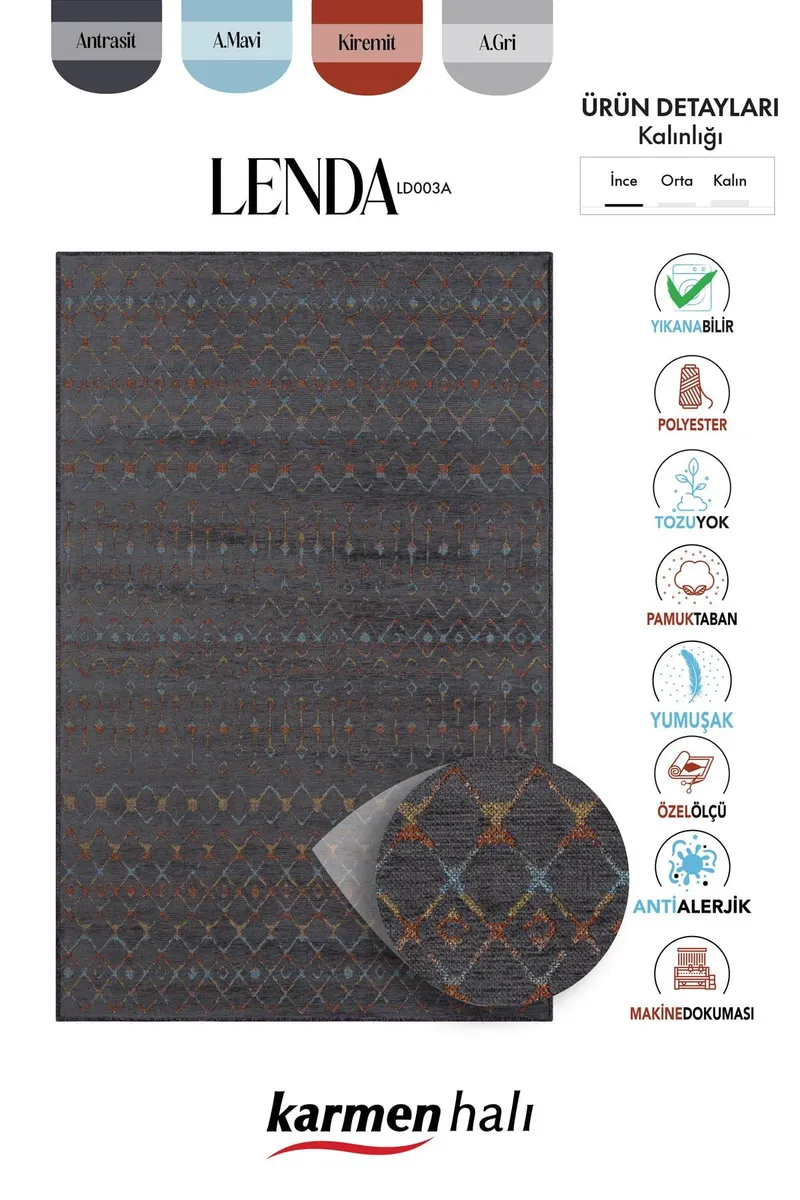 LENDA LD003A ANTRASIT KILIM RENKLI DETAYLI INCE KAYMAZ TABAN MAKINADA YIKANABILIR SALON — Görsel 6
