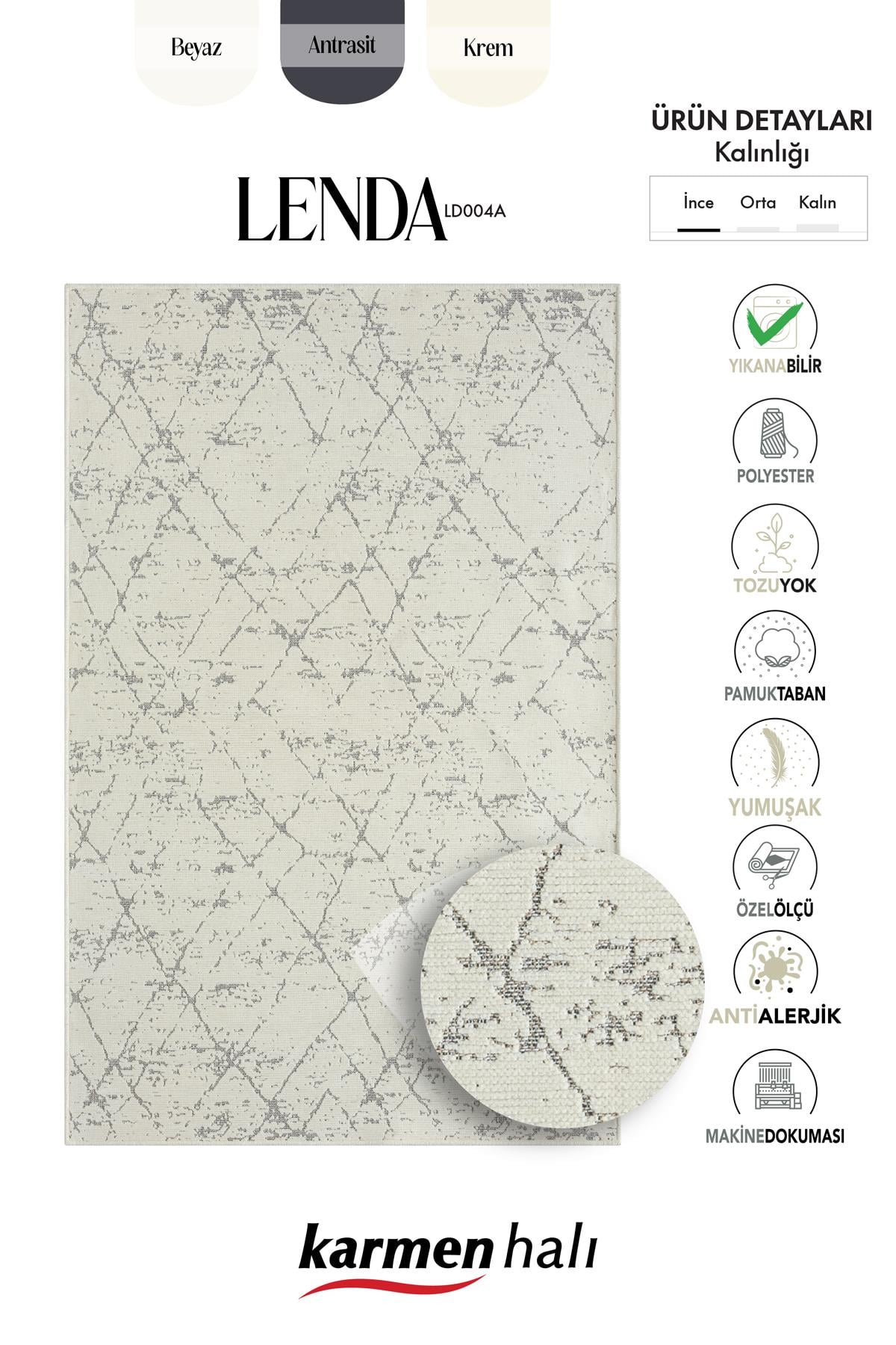 LENDA LD004A GRI KILIM ANTRASIT DETAYLI INCE KAYMAZ TABAN MAKINADA YIKANABILIR HALI — Görsel 6