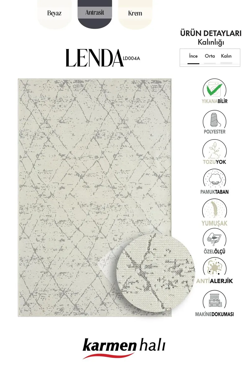 LENDA LD004A GRI KILIM ANTRASIT DETAYLI INCE KAYMAZ TABAN MAKINADA YIKANABILIR HALI — Görsel 6