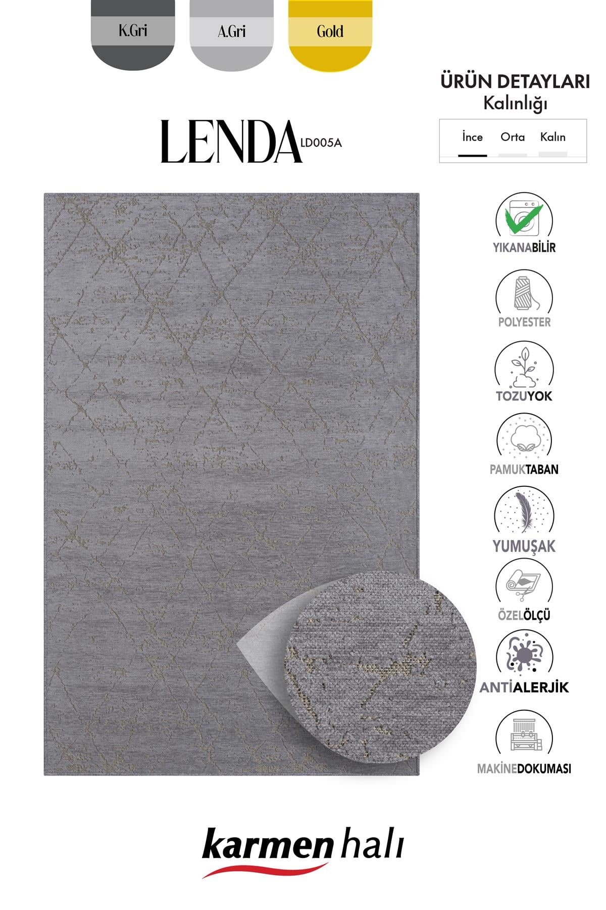 LENDA LD005A ANTRASIT KILIM GOLD DETAYLI INCE KAYMAZ TABAN MAKINADA YIKANABILIR HALI — Görsel 6