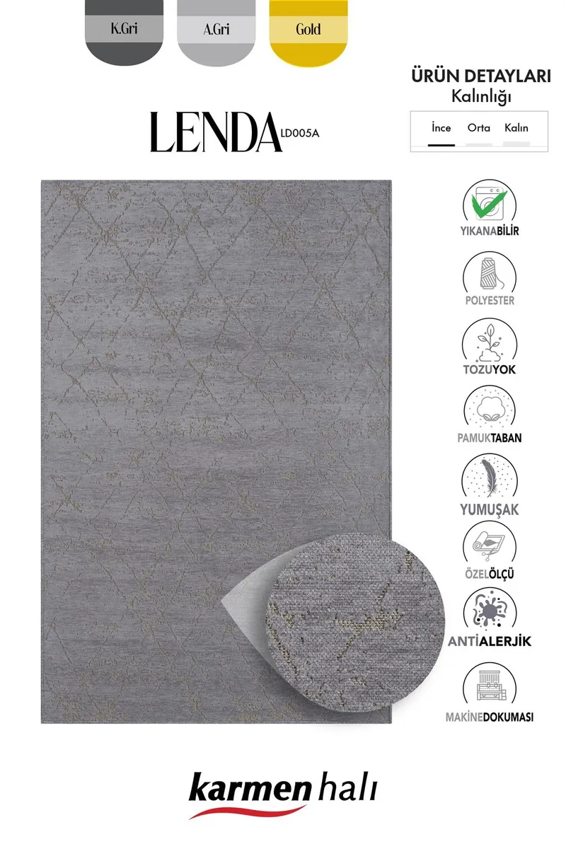 LENDA LD005A ANTRASIT KILIM GOLD DETAYLI INCE KAYMAZ TABAN MAKINADA YIKANABILIR HALI — Görsel 6