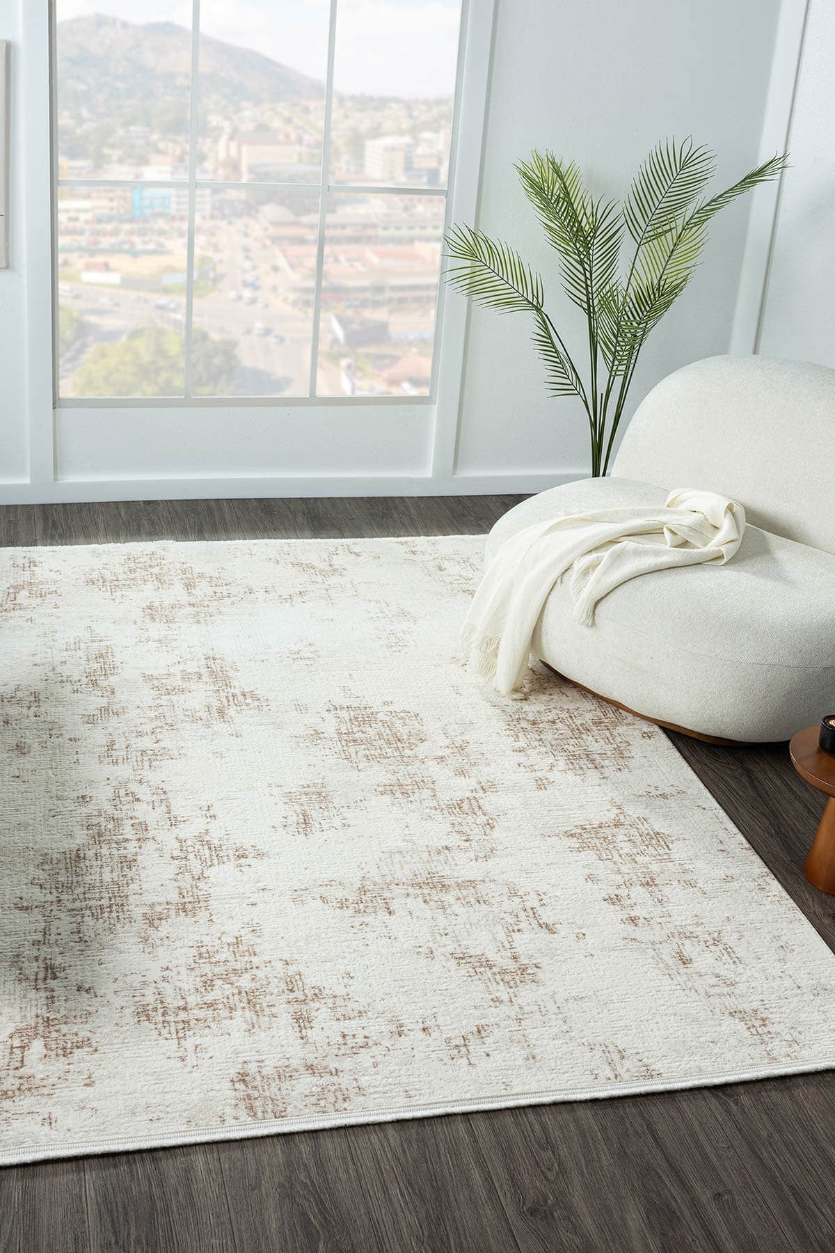 LOTUS PLUS 08584A BEYAZ HALI KAHVERENGI DETAYLI INCE AKRILIK TOZUAZ SALON HALISI YATAK ODASI KORIDOR — Görsel 2