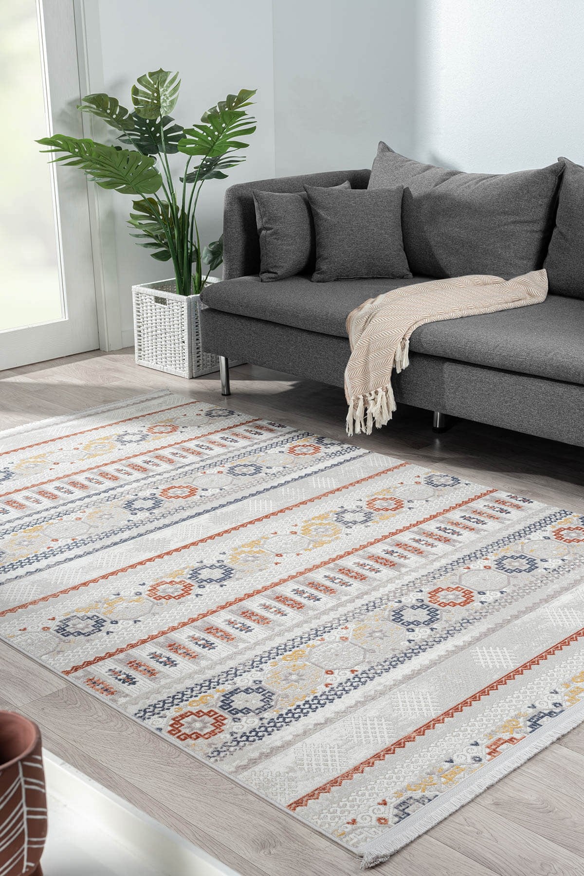 LOTUS 8565 GRI HALI RENKLI KILIM DESENLI MODERN INCE AKRILIK TOZUAZ SALON HALISI YATAK ODASI KORIDOR — Görsel 2