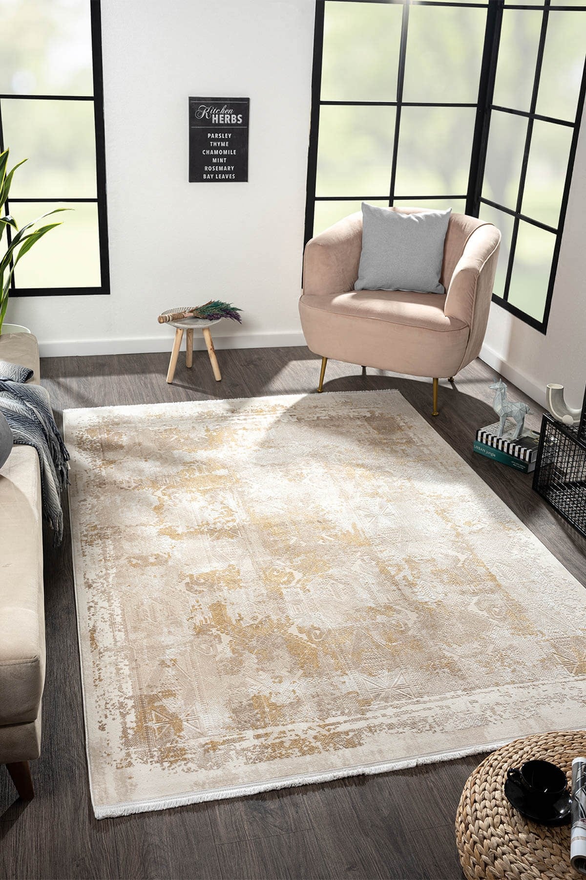 MERIT MR003S KREM HALI GOLD DETAYLI INCE YUMUSAK AKRILIK TOZUAZ MODERN SALON HALISI KORIDOR HALISI — Görsel 2